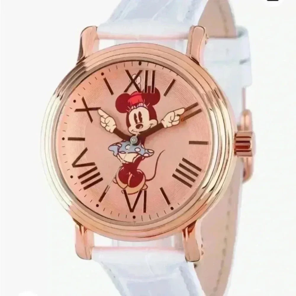 Vintage-Style Minnie Mouse Watch for Women‎ with White Leather Strap